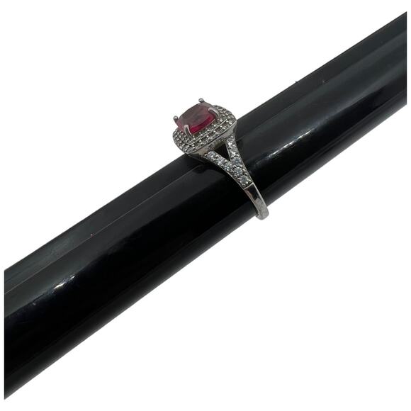 Sterling Silver 925 Ruby Red CZ Halo Ring Art Deco Style Size 6.5 - Picture 11 of 13